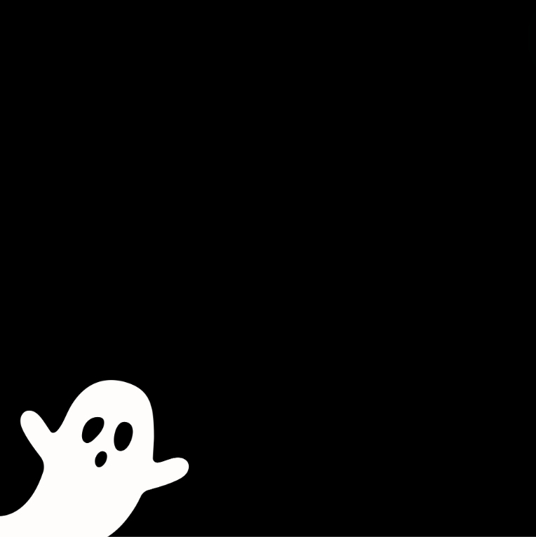 An illustrated white ghost on a black square